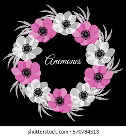 Vector illustration. Floral background with place for your text. Flowers anemones, roses, peony. Invitation Card - wedding, birthday, party, baby shower, Mother's Day, Valentine's Day.