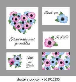 Vector illustration. Floral background with place for your text. Flowers anemones, roses, peony. Invitation Card - wedding, birthday, party, baby shower, Mother's Day, Valentine's Day.