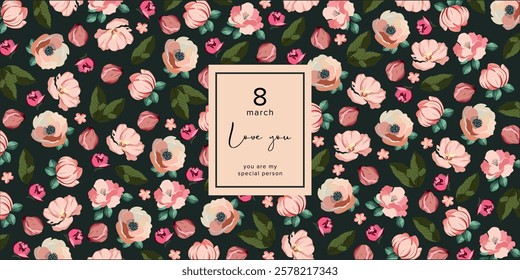 Vector illustration. Floral background, postcard, cover. Horizontal banner. Flowers on a dark background. Roses.