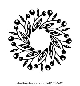 vector illustration of floral berries frame. Rustic style. Hand drawn intricately line. Black stroke. Isolated on white background. Elegant and noble. Best for wedding design. Invitation. 