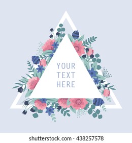 Vector illustration of a floral border with place for your text. Triangular frame design for greeting, birthday cards, wedding invitation, save the date. 