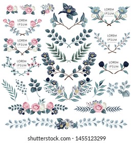 Vector illustration of floral borders collection. A set of beautiful flowers and branches for for Wedding, anniversary, birthday and party. Design for banner, poster, card, invitation and scrapbook