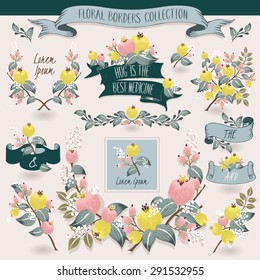Vector illustration of a floral borders collection. A set of beautiful frames with flowers and branches for wedding invitations and birthday cards