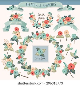 Vector illustration of a floral borders collection. A set of beautiful frames with flowers and branches for wedding invitations and birthday cards