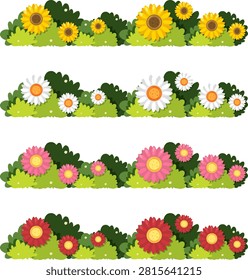 Vector illustration of floral borders with sunflowers, daisies, and lush green foliage, flat style