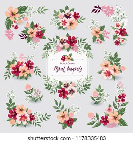 Vector illustration of floral bouquets collection. A set of beautiful flowers and branches for for Wedding, anniversary, birthday and party. Design for banner, poster, card, invitation and scrapbook