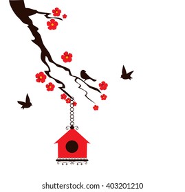 vector illustration of a floral branch with birds and bird house