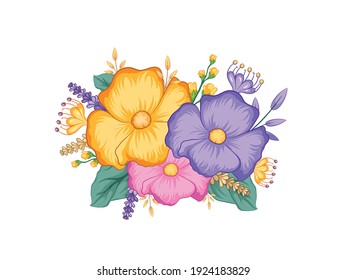 vector illustration of floral branch with flower and green leaves for wedding bouquets, cards, designs. Floral arrangements for poster, greeting card or invitation card