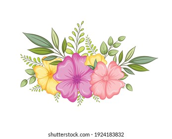 vector illustration of floral branch with flower and green leaves for wedding bouquets, cards, designs. Floral arrangements for poster, greeting card or invitation card