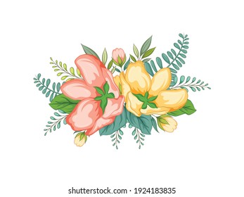 vector illustration of floral branch with flower and green leaves for wedding bouquets, cards, designs. Floral arrangements for poster, greeting card or invitation card