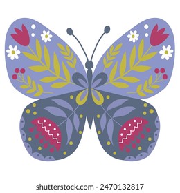 Vector Illustration of Floral Butterfly. Folk Art.