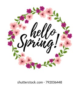 Vector illustration, floral card with Hello Spring text.