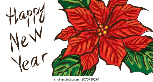 Vector illustration. Floral Christmas background with red poinsettia. Merry Christmas and Happy New Year greeting card. Festive winter frame with Holly, Christmas flower.
