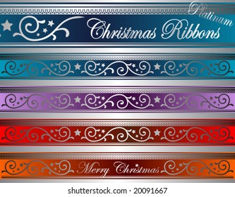 vector illustration of floral christmas ribbons on luminous glass (easy to edit colors)