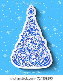 Vector illustration of  floral christmas tree on blue background