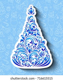 Vector illustration of  floral christmas tree on blue background