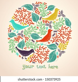 vector illustration of a floral circle with abstract birds and insects
