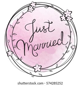 Vector illustration of a floral circle frame with 'Just married' text