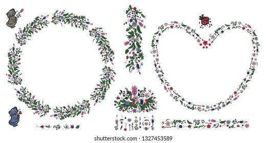 Vector illustration with floral circle, heart, brushes, cats, flowers and herbs elements. Beautiful set made of doodling flowers for spring design. 