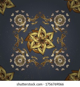 Vector illustration. Floral classic texture. Gold template. Royal retro on blue and brown colors. Design vintage for card, wallpaper, wrapping, textile. Seamless pattern golden elements.