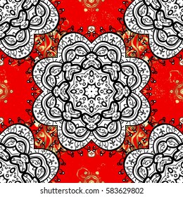 Vector illustration. Floral classic texture. Design vintage for card, wallpaper, wrapping, textile. Golden elements. Gold template. Royal retro on red background.