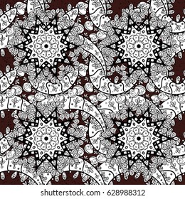 Vector illustration. Floral classic texture. Seamless pattern white elements. Design vintage for card, wallpaper, wrapping, textile. Royal retro on brown background. White template.