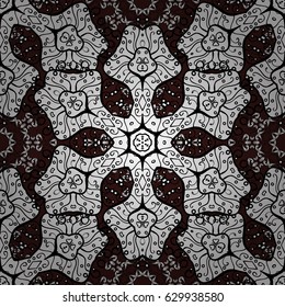 Vector illustration. Floral classic texture. Seamless pattern white elements. White template. Design vintage for card, wallpaper, wrapping, textile. Royal retro on brown background.