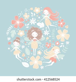 Vector illustration, floral clip art with fairies in a round shape