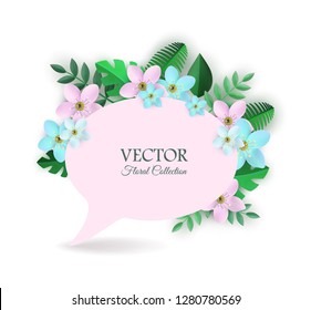 Vector illustration of floral composition with isolated speech bubble with copy space surrounded by tender light flowers and green leaves in flat style for beautiful romantic design.