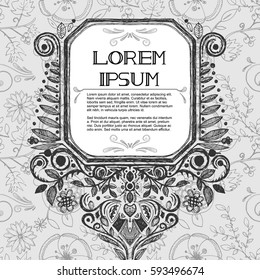 Vector illustration of floral composition in modern style made in silver shades. Template with empty space for your text.