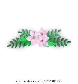 Vector illustration of floral composition with pink flowers and green leaves in flat style - isolated beautiful decorative element with tender blossoms for romantic natural design.