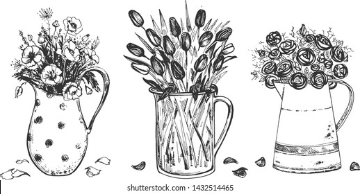 Vector illustration of floral composition set. Spring flowers in metal and glass carafe. Poppy, tulip, rose. Vintage hand drawn style.