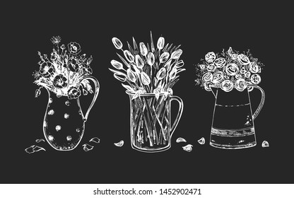 Vector illustration of floral composition set. Spring flowers in metal and glass carafe. Poppy, tulip, rose. On black board chalk hand drawing