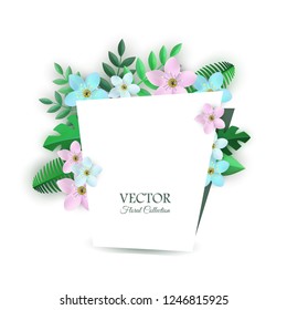 Vector illustration of floral composition for tender romantic design with elegant light flowers and green leaves inside congratulation gard with empty space for text in flat style isolated on white.