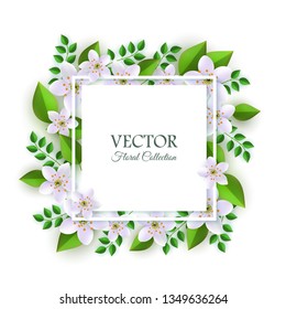 Vector illustration of floral composition with tender light flowers and green leaves around square card with copy space - natural element with blooms for romantic design isolated on white background.