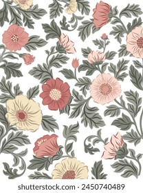Vector illustration of a floral composition in William Morris style for greeting cards. Embracing Morris's intricate patterns and botanical motifs