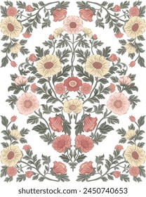 Ilustración vectorial de una composición floral en estilo William Morris para tarjetas de felicitación. Abrazando los intrincados patrones y motivos botánicos de Morris