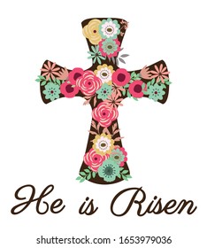 vector illustration of floral cross. happy Easter celebration. He is Risen religious background with floral cross.