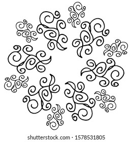 vector illustration of floral curls frame. Rustic style. Hand drawn intricately line. Black stroke. Isolated on white background. Elegant and noble. Best for wedding design. Invitation. 