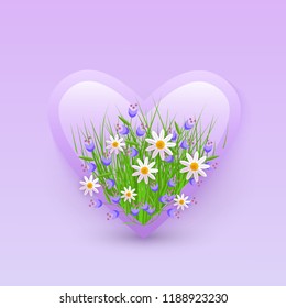 Vector illustration of floral decorative element in heart shape - tender white camomiles and little blue wildflowers in badge isolated on gradient violet background for romantic design.