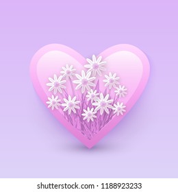 Vector illustration of floral decorative element in heart shape - tender pink camomiles in badge isolated on gradient violet background for romantic valentines day or wedding design.