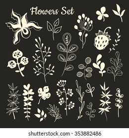 Vector Illustration with Floral Design. Doodles. Flowers and leaves trendy set. Set of hand-draw elements on black background.