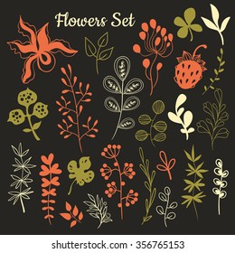 Vector Illustration with Floral Design. Doodles. Flowers and leaves trendy set. Set of hand-draw elements on black background.