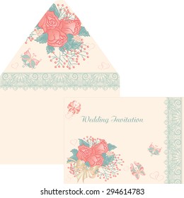 Vector illustration floral design envelope for a wedding invitation in retro style