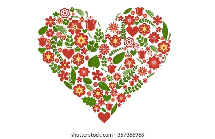 Vector illustration of floral doodle heart shape filled with flowers and leaf for Valentine's day greeting card