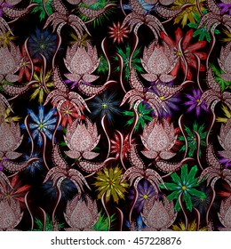 Vector Illustration of floral doodles pattern with colorful flowers on black background.
