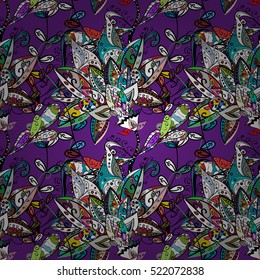 Vector Illustration of floral doodles pattern with colorful flowers on lilac background.