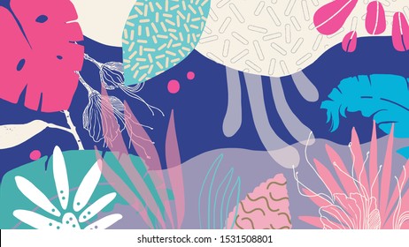 Vector illustration with floral elements. Bright abstract design. Trend colors. Shapes for your design, presentation, package, poster, decoration.