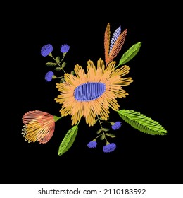 Vector illustration, floral embroidery pattern for clothing prints, an example of embroidery on fabric, a stylish pattern of flowers and leaves.