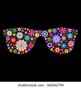 Vector illustration of floral eyeglasses on black background